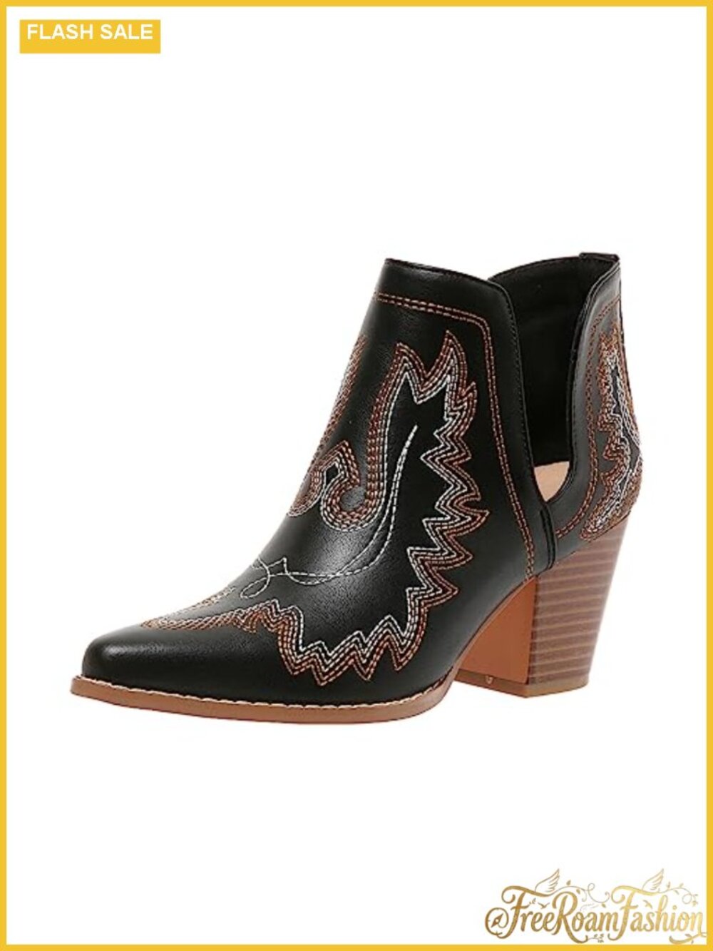 Women's Cowboy Ankle Boots Pointed Toe Block Heel Leather Western Booties